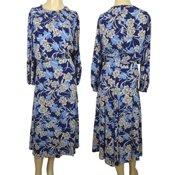 Maggy London Blue & White Floral Flock Bloused Bodice A line Print Midi Dress 16 - Picture 1 of 16